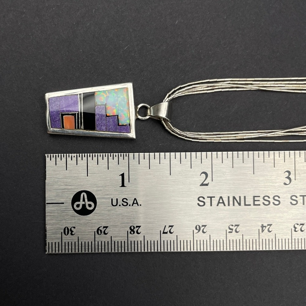 Vintage Native Scenic Reversable Gemstone Inlay Pendant Liquid Silver Necklace - Picture 9 of 12